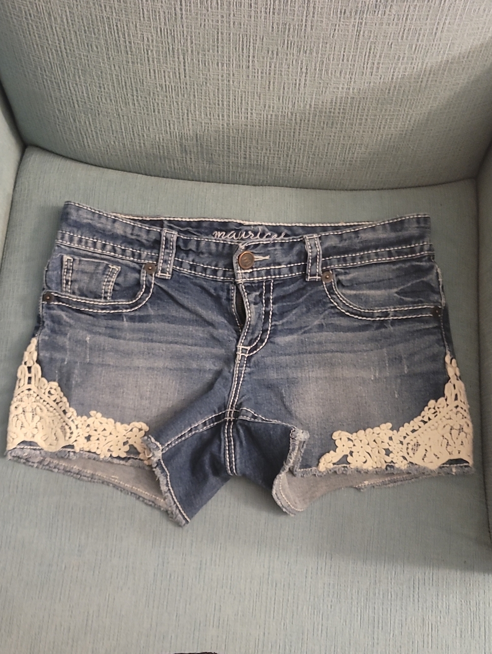 Maurices Blue Denim Shorts with Cream Lace Trim